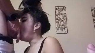 Job is to Blow and take ALL until this Asian sub Gag with Huge White Cock