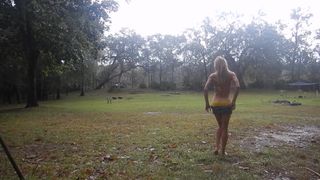 Sexy Amateur Florida Blonde Striptease while Sitting goes Topless in Public