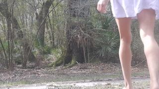 Public Blonde Desire Striptease going Topless outside near River on Road