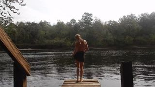 Toned Blonde in Bikini Public Striptease near River in Florida goes Topless