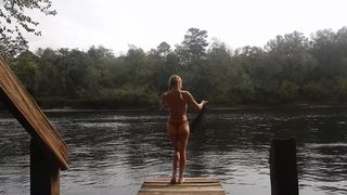 Toned Blonde in Bikini Public Striptease near River in Florida goes Topless