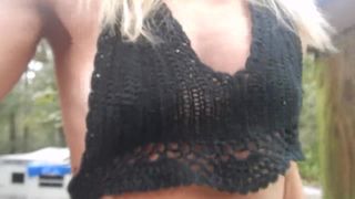 Blonde Running up Stairs with see thru Top in Florida in Public