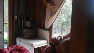 Toned Florida Blonde Desire Topless Striptease near Window nearly Caught