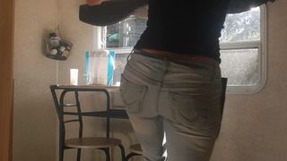 Belly Dancer Strip Tease 420 Panties in Front of Windows Trashy Rip Jeans