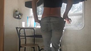 Belly Dancer Strip Tease 420 Panties in Front of Windows Trashy Rip Jeans