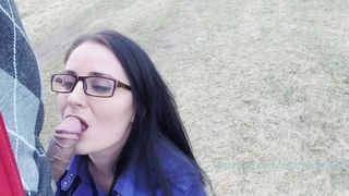 Cumming on Brunette with Glasses Outside!