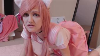 pink hair cosplay girl notice me senpai