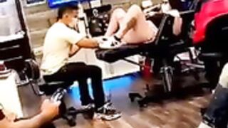 Girl squirt at tattoo shop