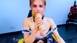 Smiles and laughs even with dildo in her mouth