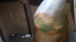 Tied to post, alone in a cabin in the forest