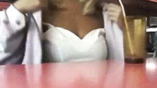 Blonde flashes in cafe