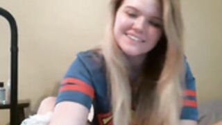 Emily Scott pretty face blonde puts dildo in holes