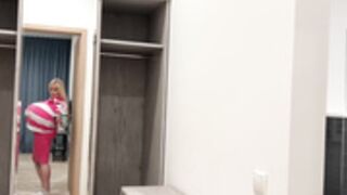 Perfect boobs stretch wide stripes in closet