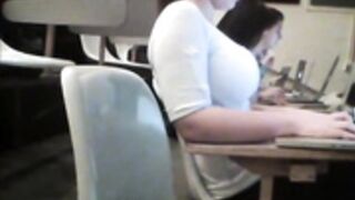 Candid big boobs at desk