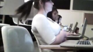 Candid big boobs at desk