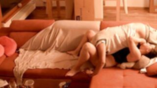 Katie and Adam have sex and blowjob on sofa