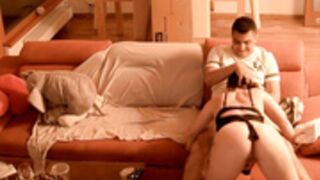 Katie and Adam have sex and blowjob on sofa