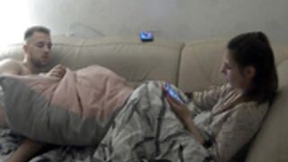 Esenia and Dima have sex on sofa