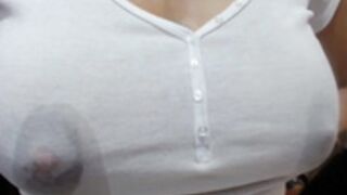 Auto milk big engorged boobs white t-shirt after show