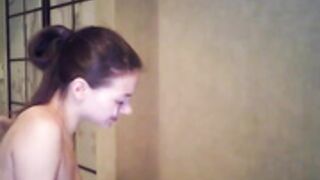 sexy babe on knees sucks cock cum facial