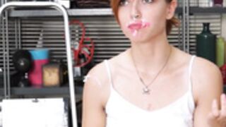 Sexy redhead eats cake like a slob and burps