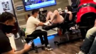 Busty latina squirts while getting pussy tattoo done