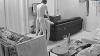 Carla and Yana guest have quick sex in the dark on sofa