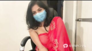 Indian bhabi seducing in red see through saree