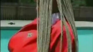 BBG Red swimsuit poolside