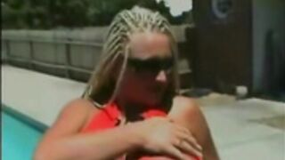 BBG Red swimsuit poolside